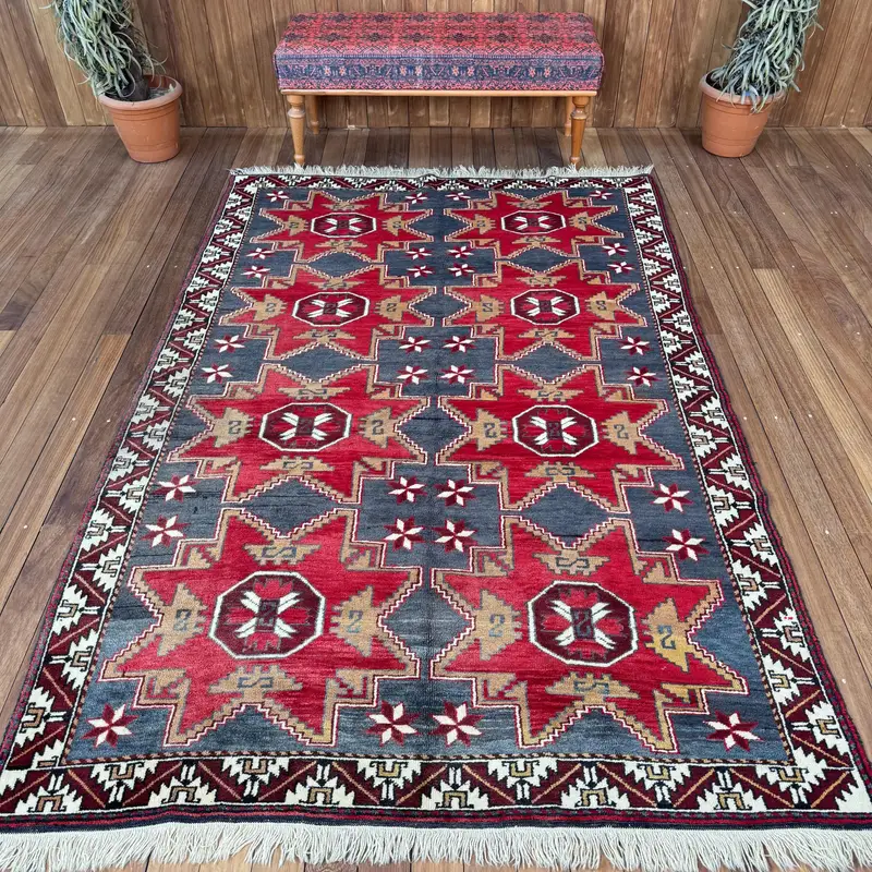 Alfombra turca Oushak 5,4x8,4 pies (164x255 cm), alfombra vintage patchwork roja - 1