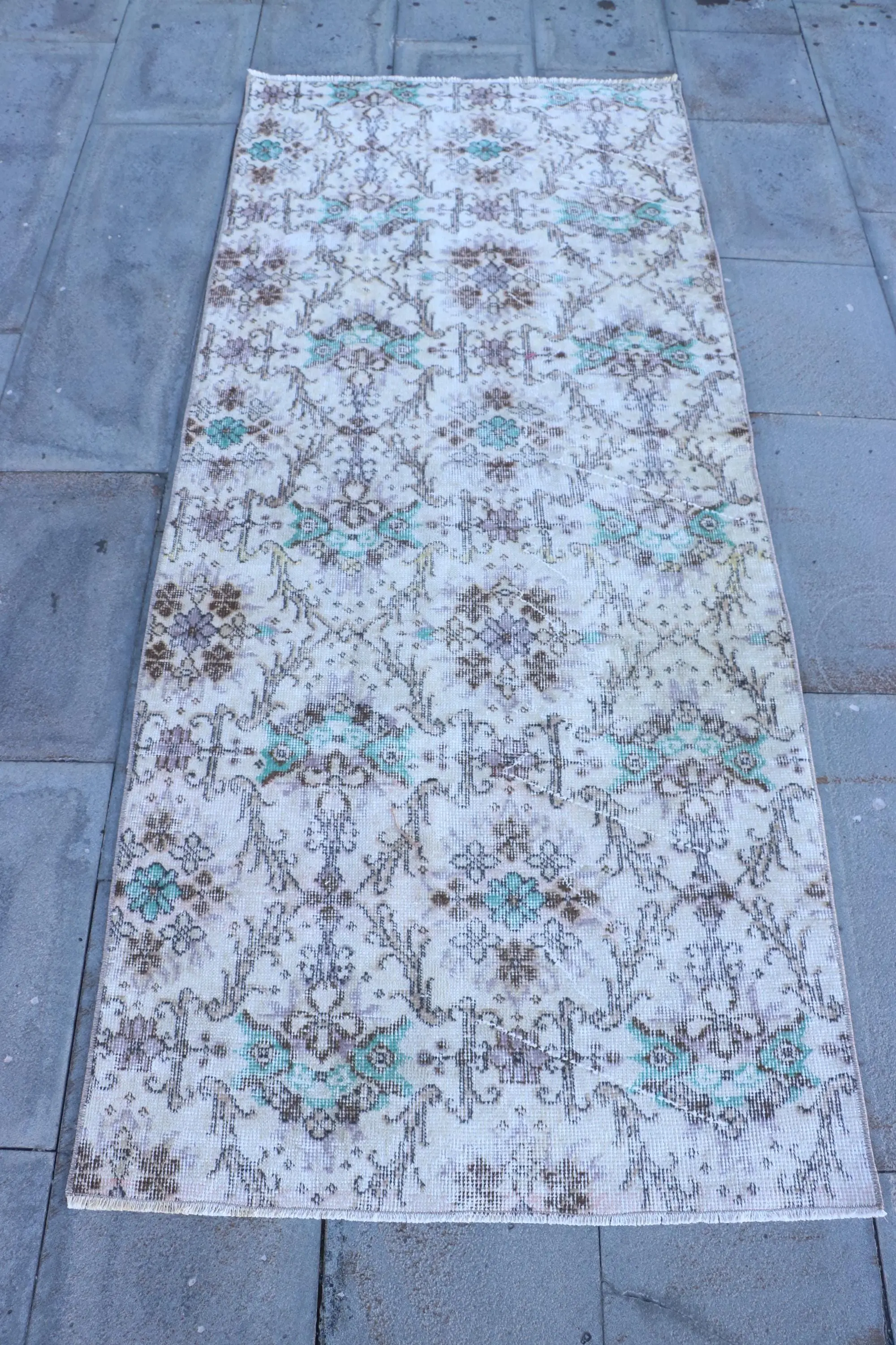 Türk Vintage Halı 3x6.9 ft (90x209 cm), Beyaz Mavi İkat Halı - 1