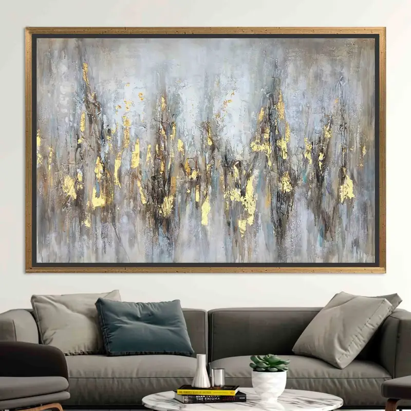 Moderner abstrakter Leinwanddruck in Grau und Gold – trendige Wandkunst