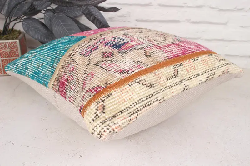 Turkish Pillow, Cushion, Boho Chic Cushion Case, 16x16 Beige Cushion Case, Boho Pillow Sham Cover, Nomadic Cushion, Ethnical Kilim Rug Pillow - 6