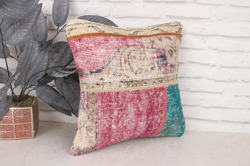 Turkish Pillow, Cushion, Boho Chic Cushion Case, 16x16 Beige Cushion Case, Boho Pillow Sham Cover, Nomadic Cushion, Ethnical Kilim Rug Pillow - 3