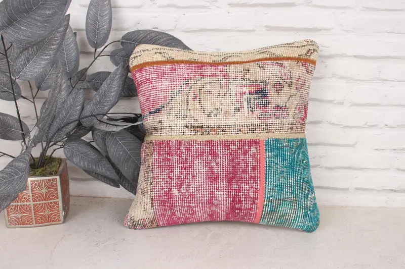 Turkish Pillow, Cushion, Boho Chic Cushion Case, 16x16 Beige Cushion Case, Boho Pillow Sham Cover, Nomadic Cushion, Ethnical Kilim Rug Pillow - 1