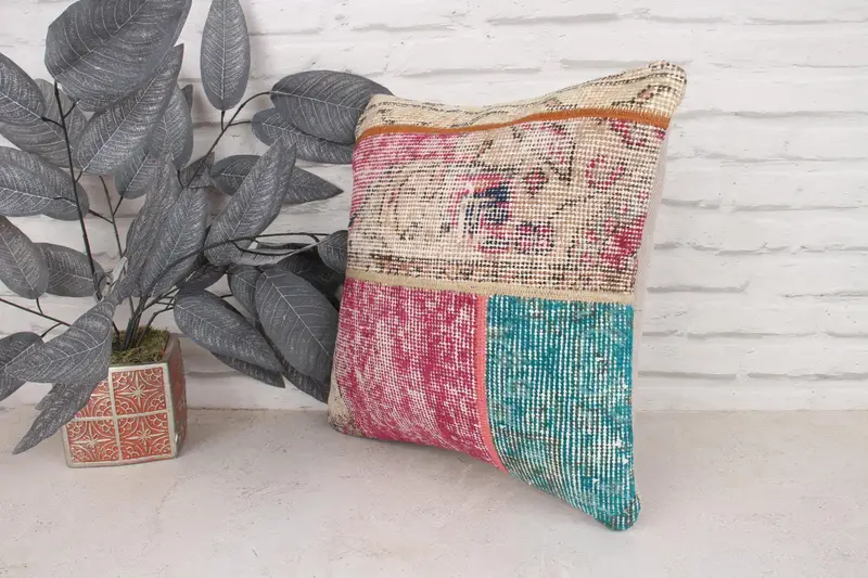 Turkish Pillow, Cushion, Boho Chic Cushion Case, 16x16 Beige Cushion Case, Boho Pillow Sham Cover, Nomadic Cushion, Ethnical Kilim Rug Pillow - 4
