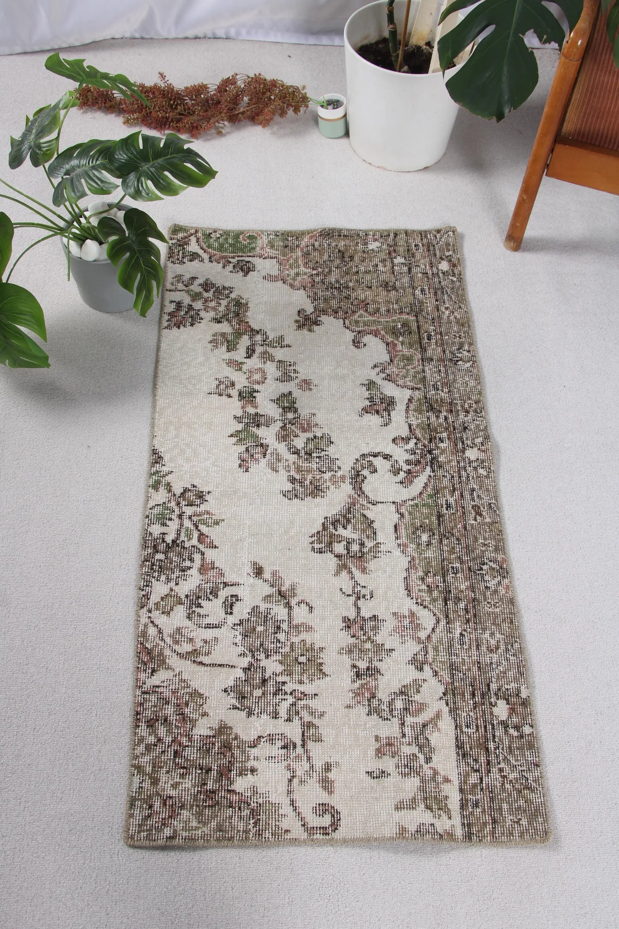 Turkish Vintage Rug, 2x4 ft Small Rug, Brown Green Ikat Wool Rug - 1