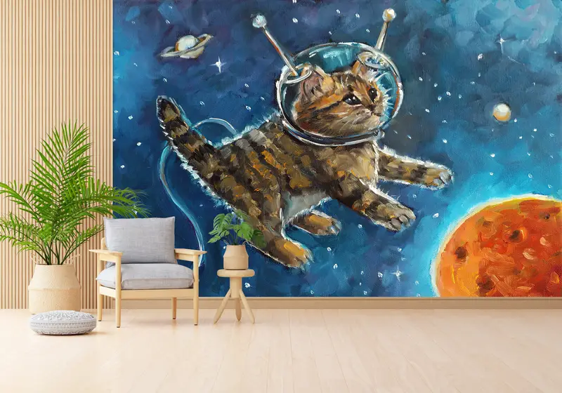 Bright Wall Paper, Kids Wall Decor, 3d Wall Paper, Galaxy Wall Poster, Space Wall Decor, Paper Wall Art, , Abstract Cat Wall Decor, - 2
