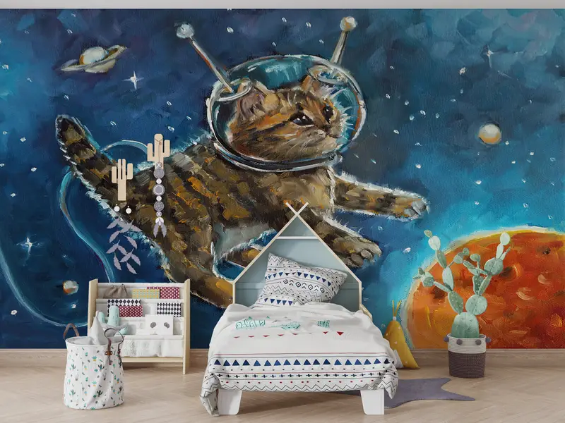 Bright Wall Paper, Kids Wall Decor, 3d Wall Paper, Galaxy Wall Poster, Space Wall Decor, Paper Wall Art, , Abstract Cat Wall Decor, - 4