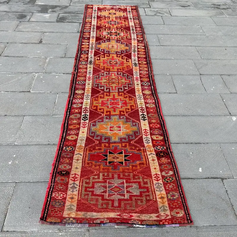 Vintage Herki Rug 2.8x11.1 ft, Red Orange Floral Wool Turkish Rug - 1