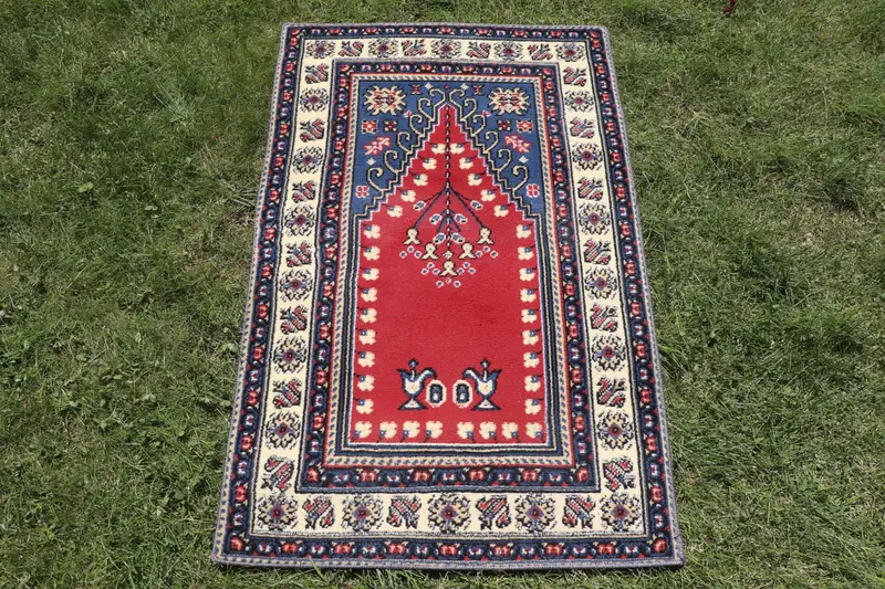 Handmade Blue Rug, 2,3x3,6 ft Floral & Geometric Design