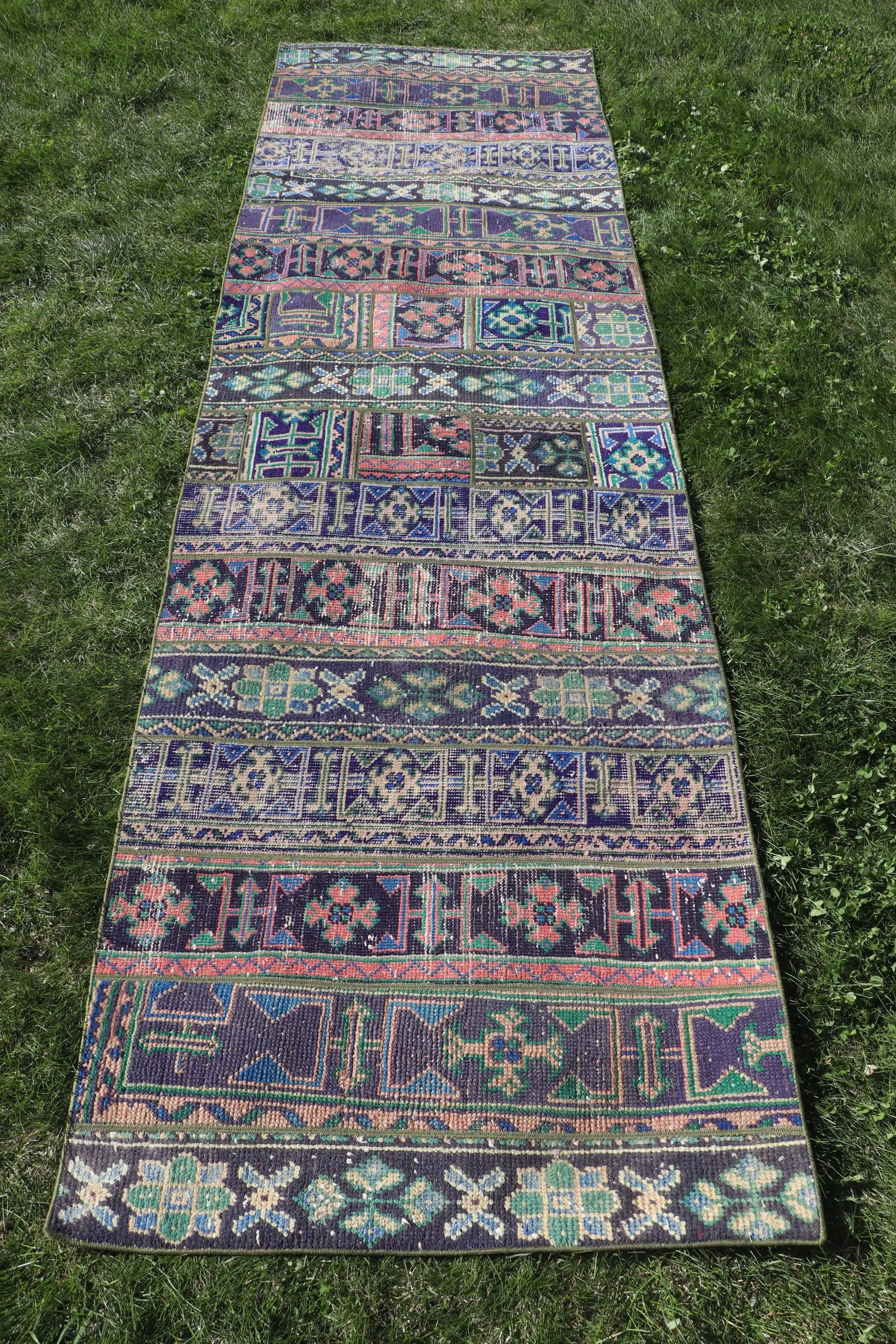 2.9x10.1 ft Turkish Vintage Rug, Runner Rug, Blue Red Check Wool Rug - 1