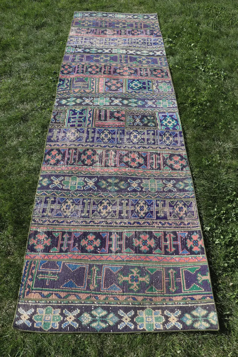 Purple & Orange Check Rug, 2,9x10,1 ft Chic Decor