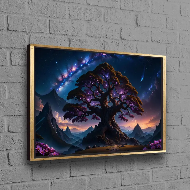 魅惑的なキャンバス: シュールな木と星空アート プリント