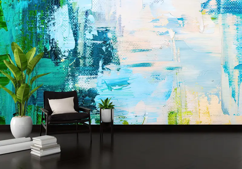 Blue And Green Painting,3d Wall Paper,Modern Wall Paper,Paper Wall Art ,Contemporary Wall Mural,Green And Blue Wallpaper, - 2