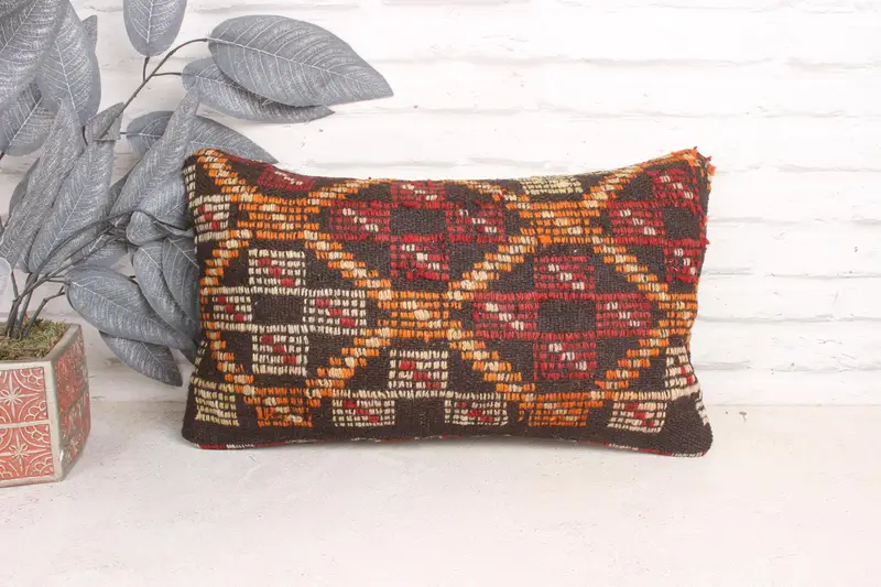 Pillow for Couch, Cushion Cover, Vintage Kilim Throw Pillow, 12x20 Orange Cushion, Vintage Kilim Pillow, Designer Throw Cushion Case - 1