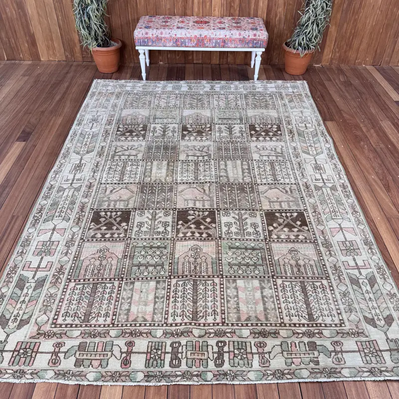 Turkish Vintage Rug, 6.7x9.4 ft Large Rug, Brown Gray Floral Wool Rug - 1