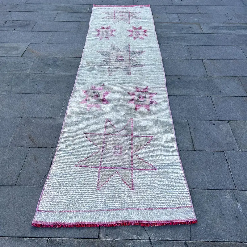 Türk Yolluk Halısı 2.7x10.5 ft, Vintage Herki Beyaz Oryantal Yün Halı - 1