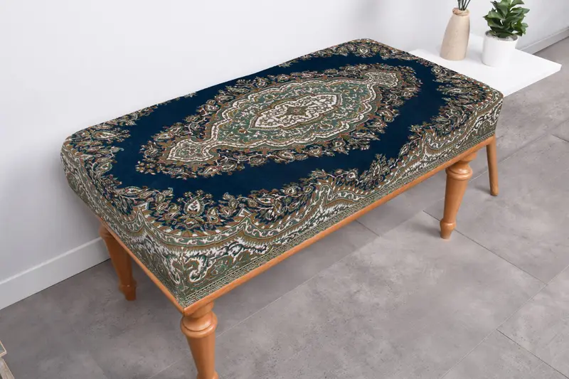 Rectangular Kilim-Inspired Pouf, Blue & Beige Wool Pouf