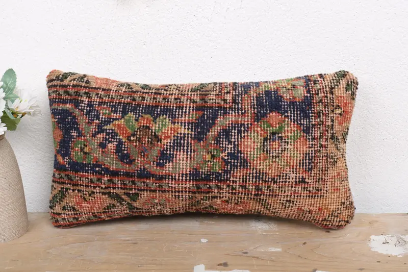 Cushion Cover, Turkish Kilim Pillow, Boho Pillow Sham Cover, Handmade Kilim Cushion, Decorative Bolster Pillow Case, 8x16 Blue Pillow Cover - 2