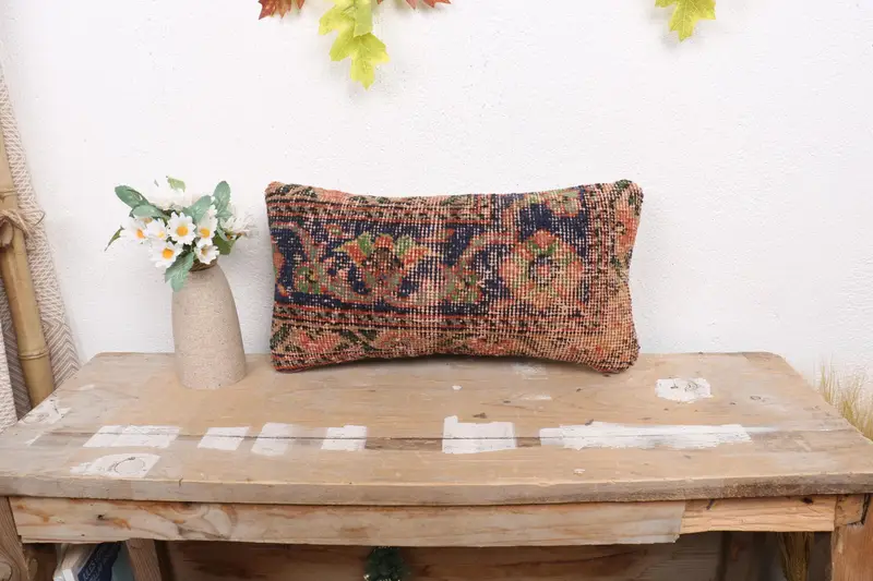 Cushion Cover, Turkish Kilim Pillow, Boho Pillow Sham Cover, Handmade Kilim Cushion, Decorative Bolster Pillow Case, 8x16 Blue Pillow Cover - 1