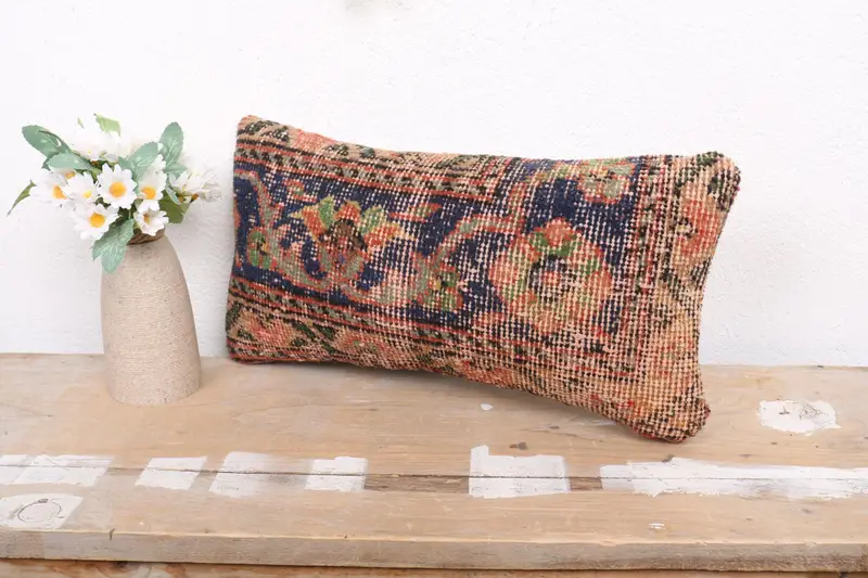 Cushion Cover, Turkish Kilim Pillow, Boho Pillow Sham Cover, Handmade Kilim Cushion, Decorative Bolster Pillow Case, 8x16 Blue Pillow Cover - 4