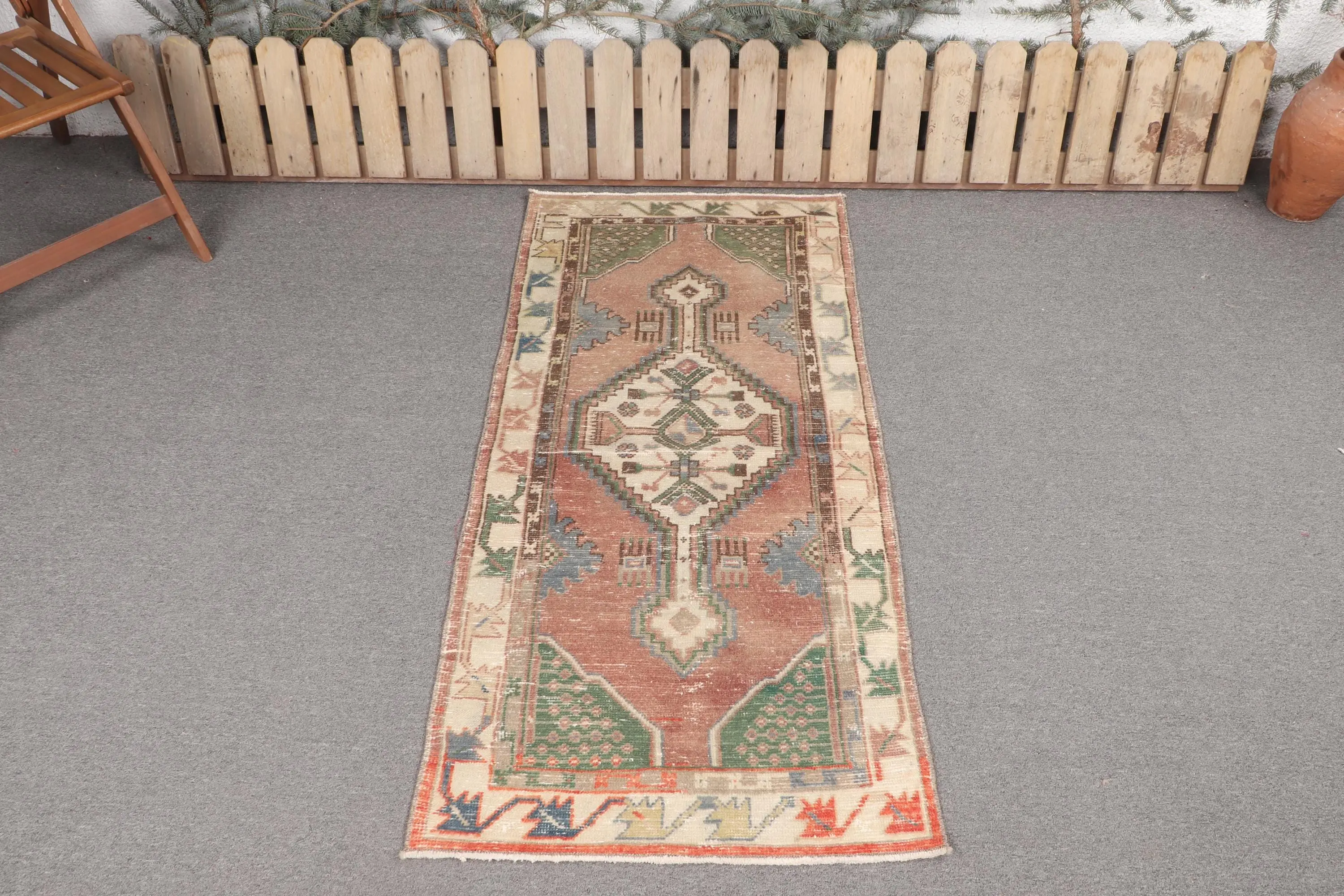 Vintage Turkish Rug, 2.4x5.3 ft Rug, Brown Green Bordered Rug - 1