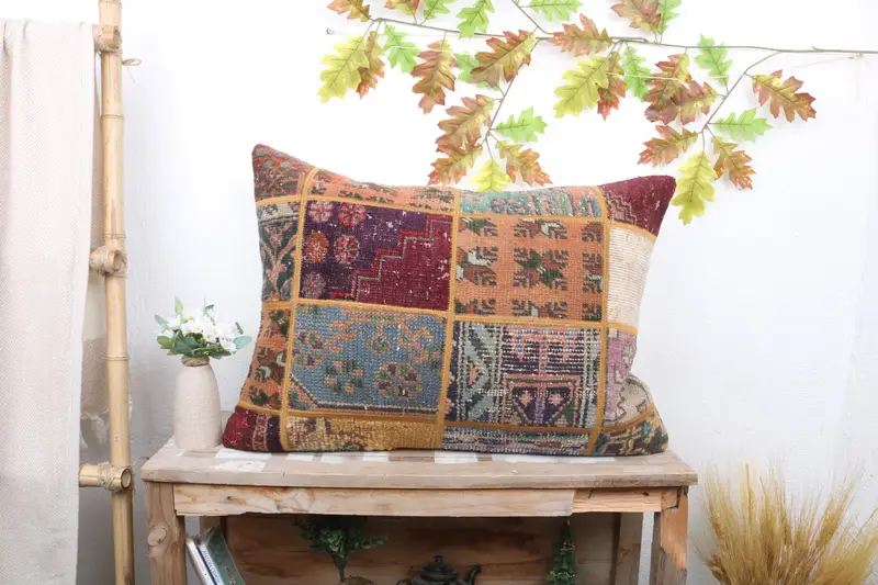 Orange & Bronze Patchwork Kissen, handgefertigtes besticktes Kissen