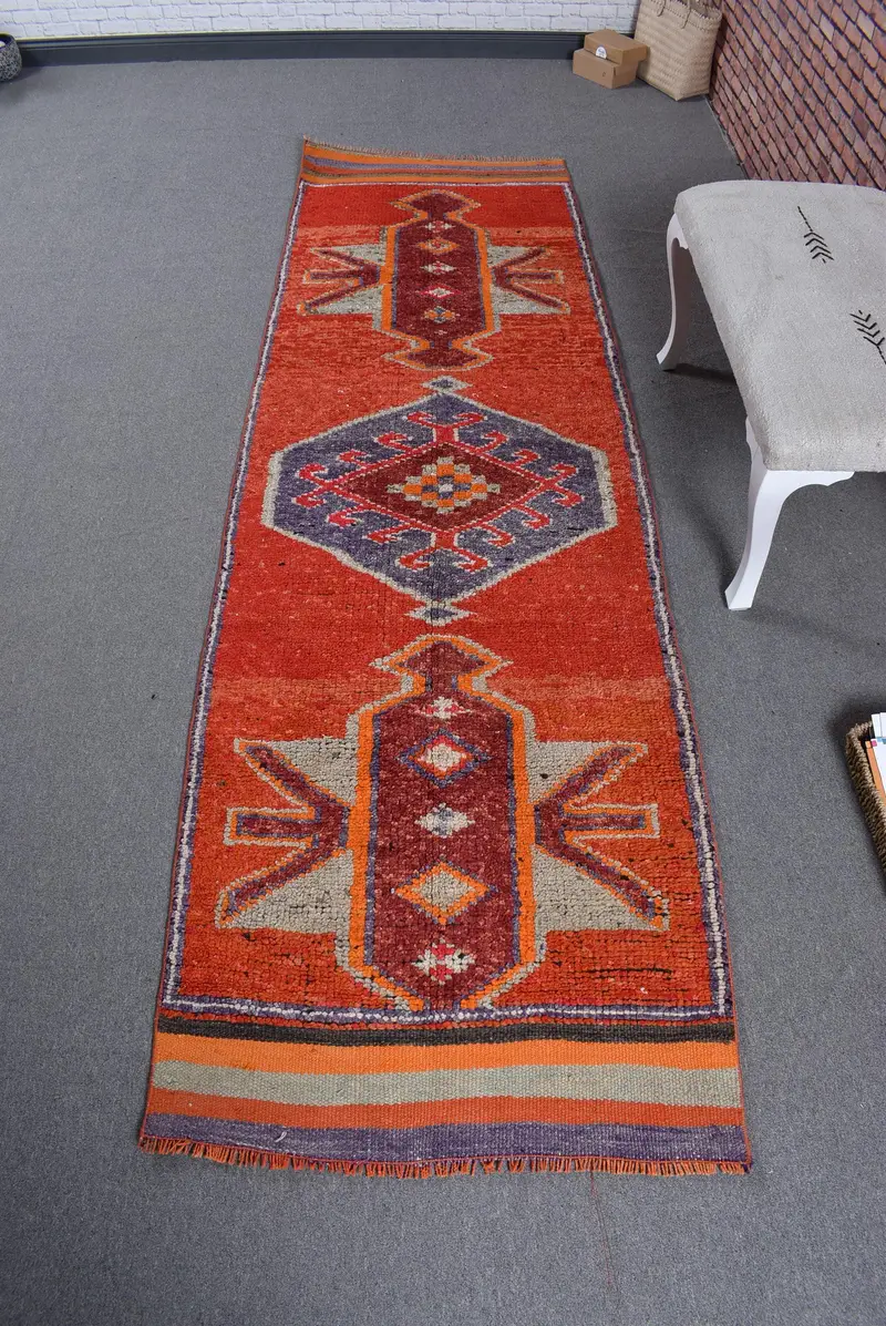 2.9x9.7 ft Türk Herki Halı, Vintage Halı, Kırmızı Hayvan Baskı Yün Halı - 1