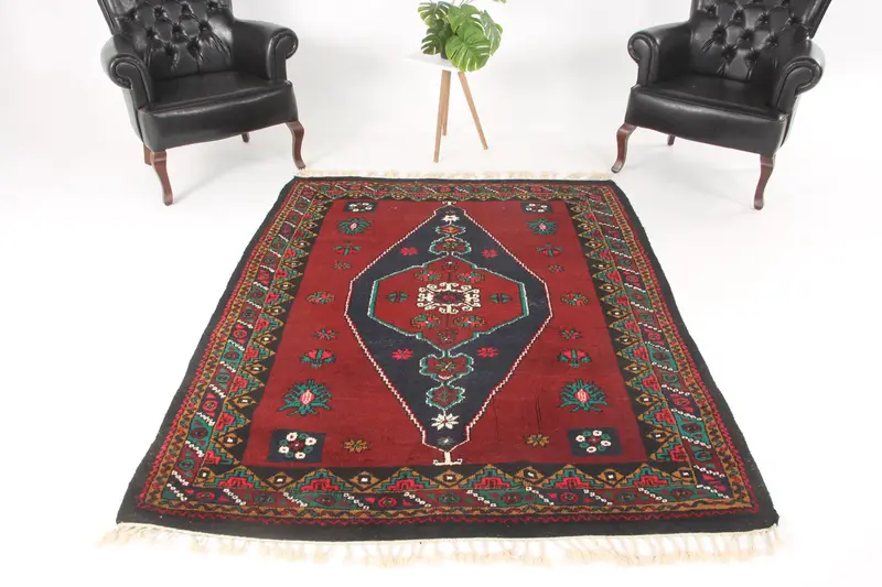 Vintage Area Rug 5.4x6.8 ft (164x208 cm), Oushak Red Check Turkish Rug - 1