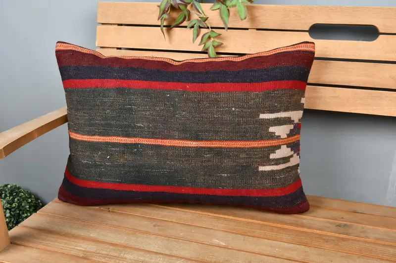 Turkish Kilim Pillow, Boho Pillow, Outdoor Throw Cushion, Sustainable Pillow Cover, 16x24 Gray Cushion Case, Pillow Sham, Gift Pillow - 1