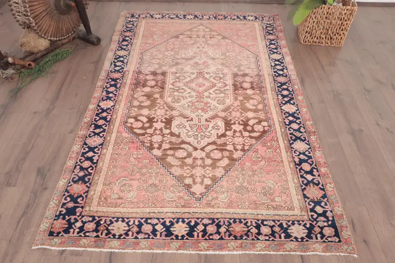 4.2x6.7 ft Vintage Area Rug, Turkish Blue Patchwork Rug - 1