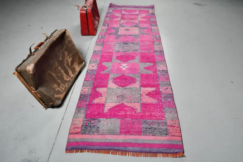 2,9x10,2 ft Teppich, türkischer Vintage Teppich, rosa karierter Wollteppich - 1