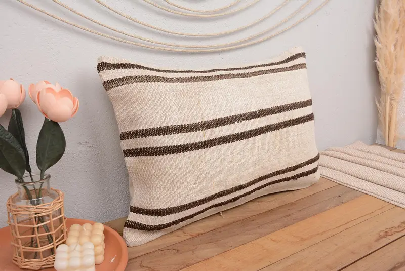Sustainable Pillow, Kilim Pillow Cover, Kilim Cushion Sham, Pillow, Decorative Bolster Pillow Case, 16x24 Beige Cushion Cover, Boho Pillow - 1