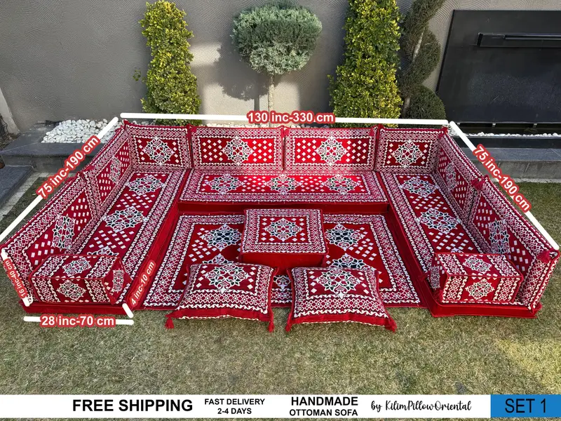 Bohemian Red & Gray Ottoman Sofa Set, Kilim-Inspired Modular Ottoman