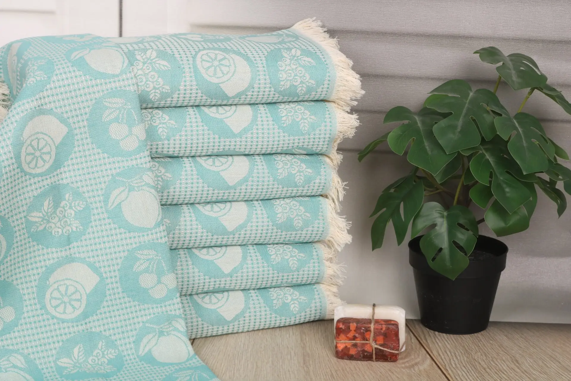 Fruits Patterned Turkish Cotton Hand Towel Mint Monogrammed, 20x28 Inches - 1