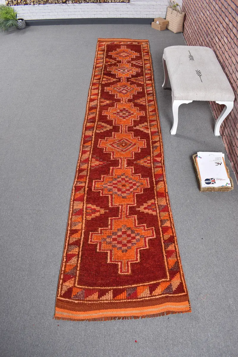 Vintage 2.6x12.2 ft Rug, Runner Turkish Rug, Red Plants & trees Wool Rug - 1