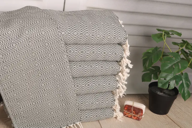 Monogrammed Hand Towel Khaki Green Zigzag Diamond, 36x18 Inches