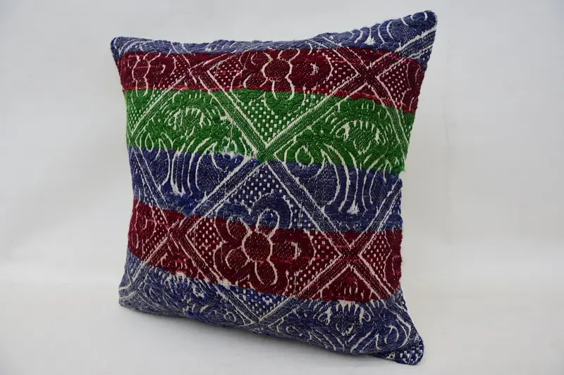 Kilim Pillow Cover, Indoor Pillow Sham, Chair Pillow Sham, 16x16 Blue Cushion Case, Yoga Pillow, Handmade Kilim Cushion, Cushion Case, Boho Pillow - 3