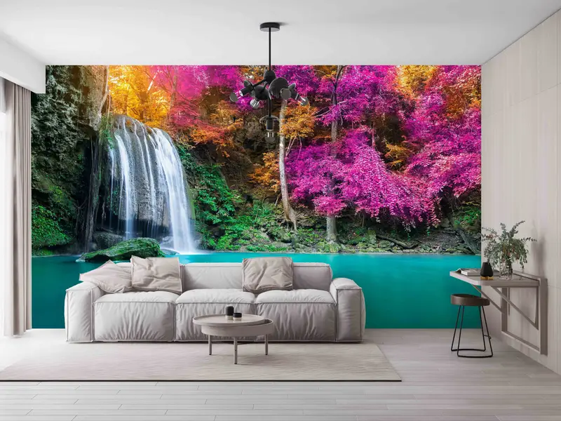 Baskılı Duvar Kağıdı: Mor Ağaçlar, Şelale, Mavi Göl Manzarası