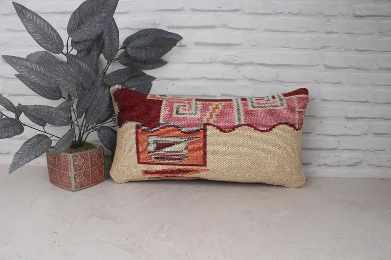Vintage Kilim Pillow, 12x24 Beige Pillow Cover, Hippie Throw Pillow Cover, Ethnical Kilim Rug Pillow, Boho Pillow Sham Cover, Pillow Sham - 1