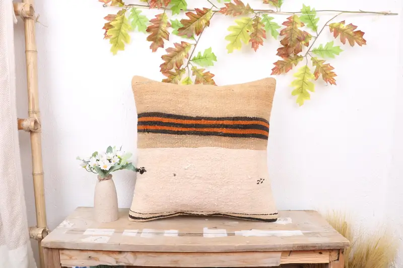 Vintage Kilim Throw Pillow, 18x18 Beige Cushion Case, Pillow Cover, Ethnical Kilim Rug Pillow, Christmas Cushion Cover, Vintage Pillow - 1