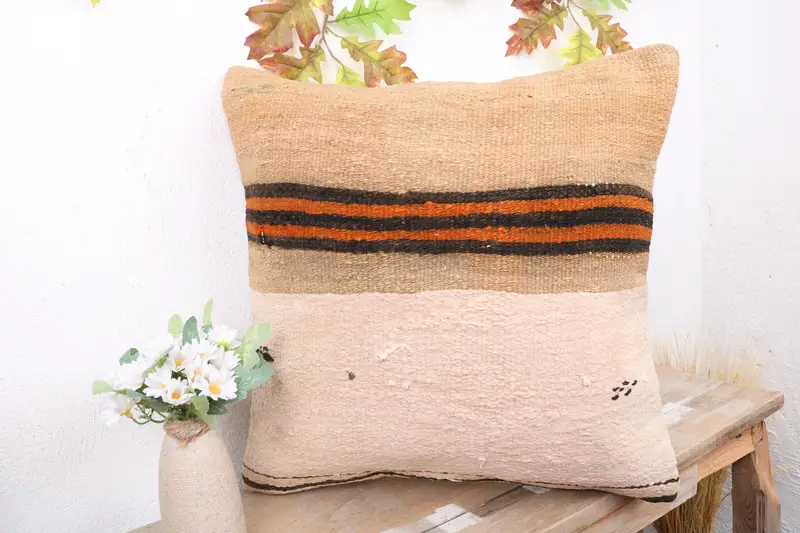 Vintage Kilim Throw Pillow, 18x18 Beige Cushion Case, Pillow Cover, Ethnical Kilim Rug Pillow, Christmas Cushion Cover, Vintage Pillow - 4