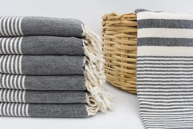 Monogram Beach Towel, Turkish Cotton, Raw Black Striped, 70x40 Inches