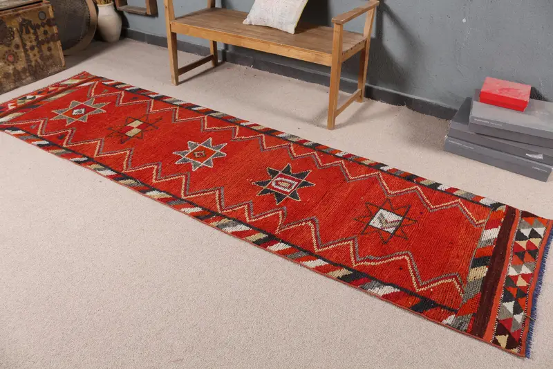 Vintage Halı, 2.7x10.4 ft Runner Halı, Kırmızı Gri Oushak Yün Halı - 1