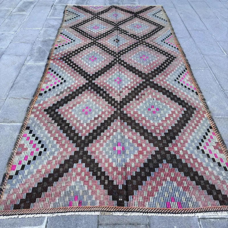 Kırmızı & Kahverengi Kareli Halı, 5.3x12 ft Zarif Dekor