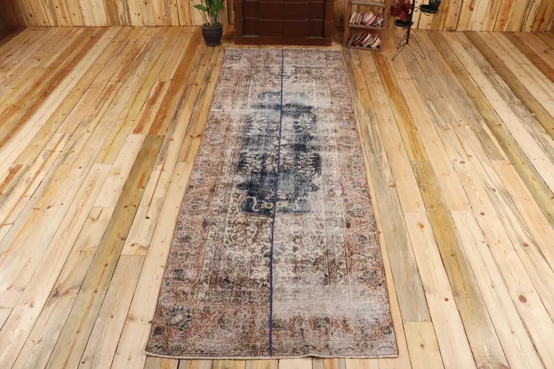 3.6x10.9 ft Türk Oushak Halısı, Mavi Güneybatı Vintage Yün Halı - 1