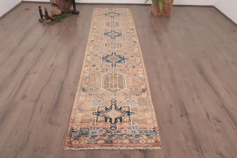 Turkish 2.3x9.9 ft Rug, Oushak Vintage Rug, Blue Floral Rug Wool - 1
