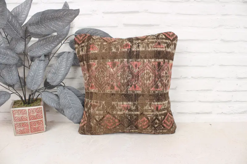 Pillow for Sofa, Boho Pillow Sham Cover, 16x16 Brown Pillow Cover, Pillow, Ottoman Pillow, Turkish Bench Pillow Case, Kilim Cushion Sham - 1