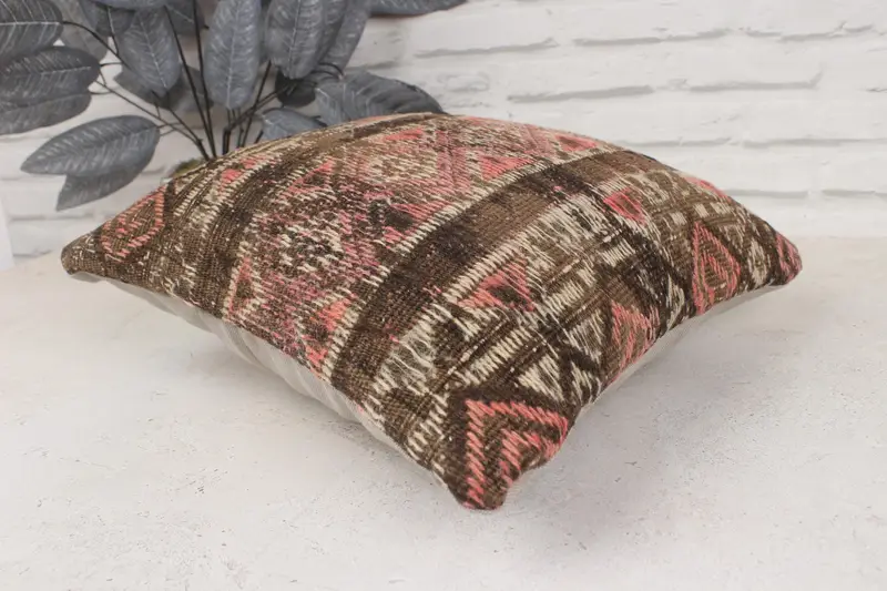 Pillow for Sofa, Boho Pillow Sham Cover, 16x16 Brown Pillow Cover, Pillow, Ottoman Pillow, Turkish Bench Pillow Case, Kilim Cushion Sham - 6