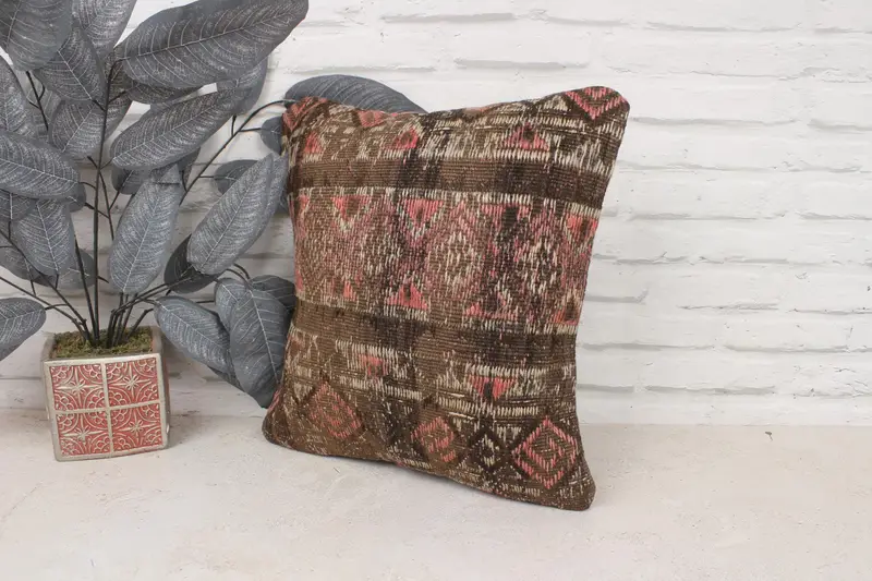 Pillow for Sofa, Boho Pillow Sham Cover, 16x16 Brown Pillow Cover, Pillow, Ottoman Pillow, Turkish Bench Pillow Case, Kilim Cushion Sham - 4