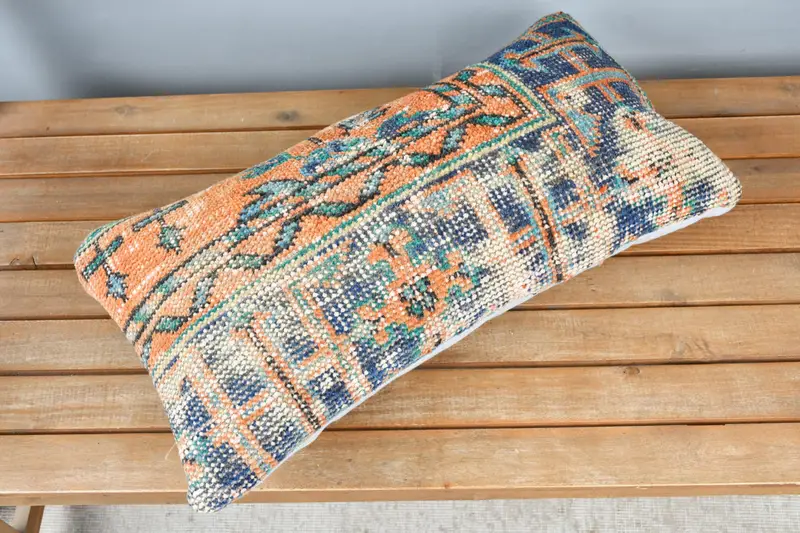 Boho Pillow, Vintage Kilim Throw Pillow, Decorative Cushion Cover, 12x24 Blue Cushion, Toss Cushion Cover, Cushion Cover, Kilim Pillow Cover - 2