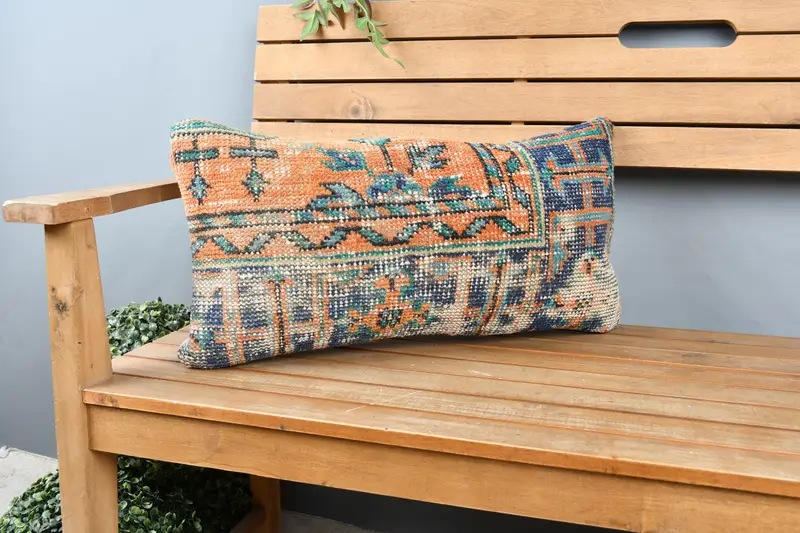 Boho Pillow, Vintage Kilim Throw Pillow, Decorative Cushion Cover, 12x24 Blue Cushion, Toss Cushion Cover, Cushion Cover, Kilim Pillow Cover - 1
